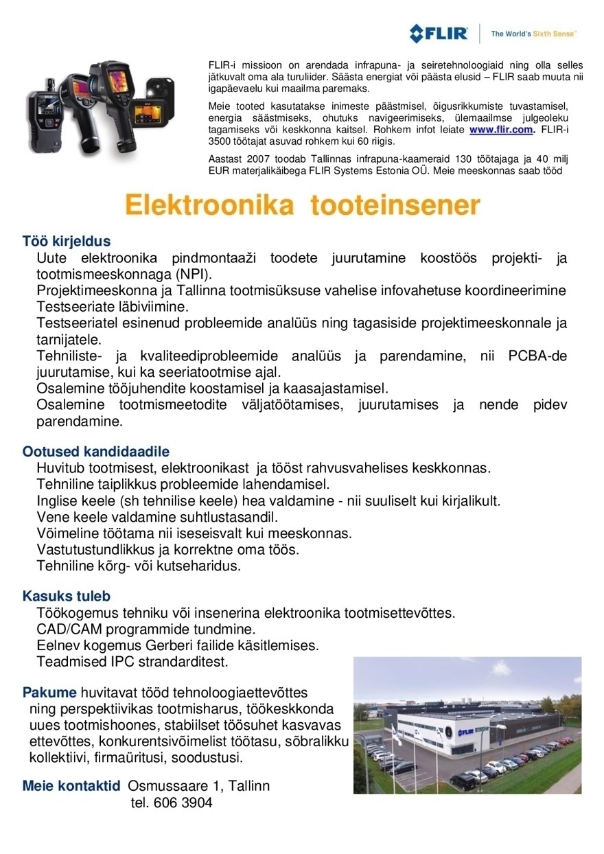 FLIR Systems Estonia OÜ Elektroonika tooteinsener