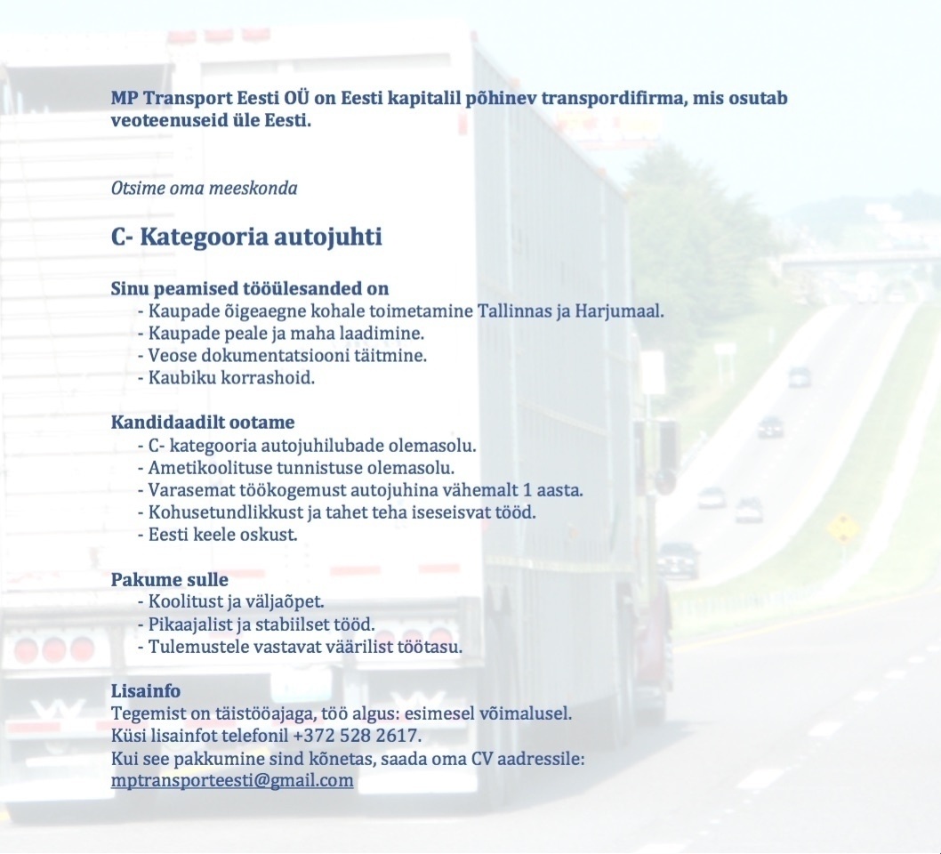 MP Transport Eesti OÜ C- kategooria autojuht