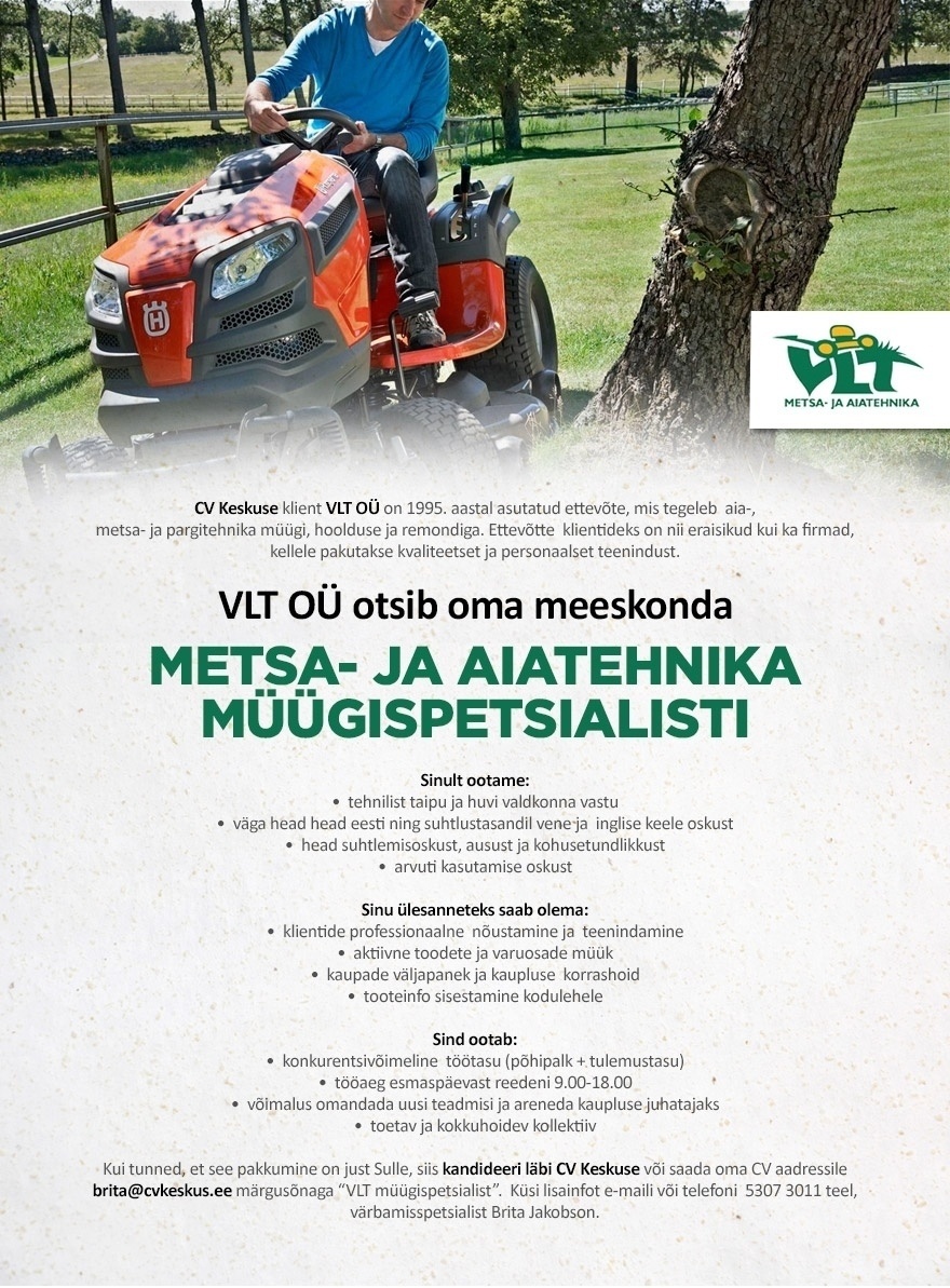 VLT OÜ Metsa- ja aiatehnika müügispetsialist (VLT OÜ)