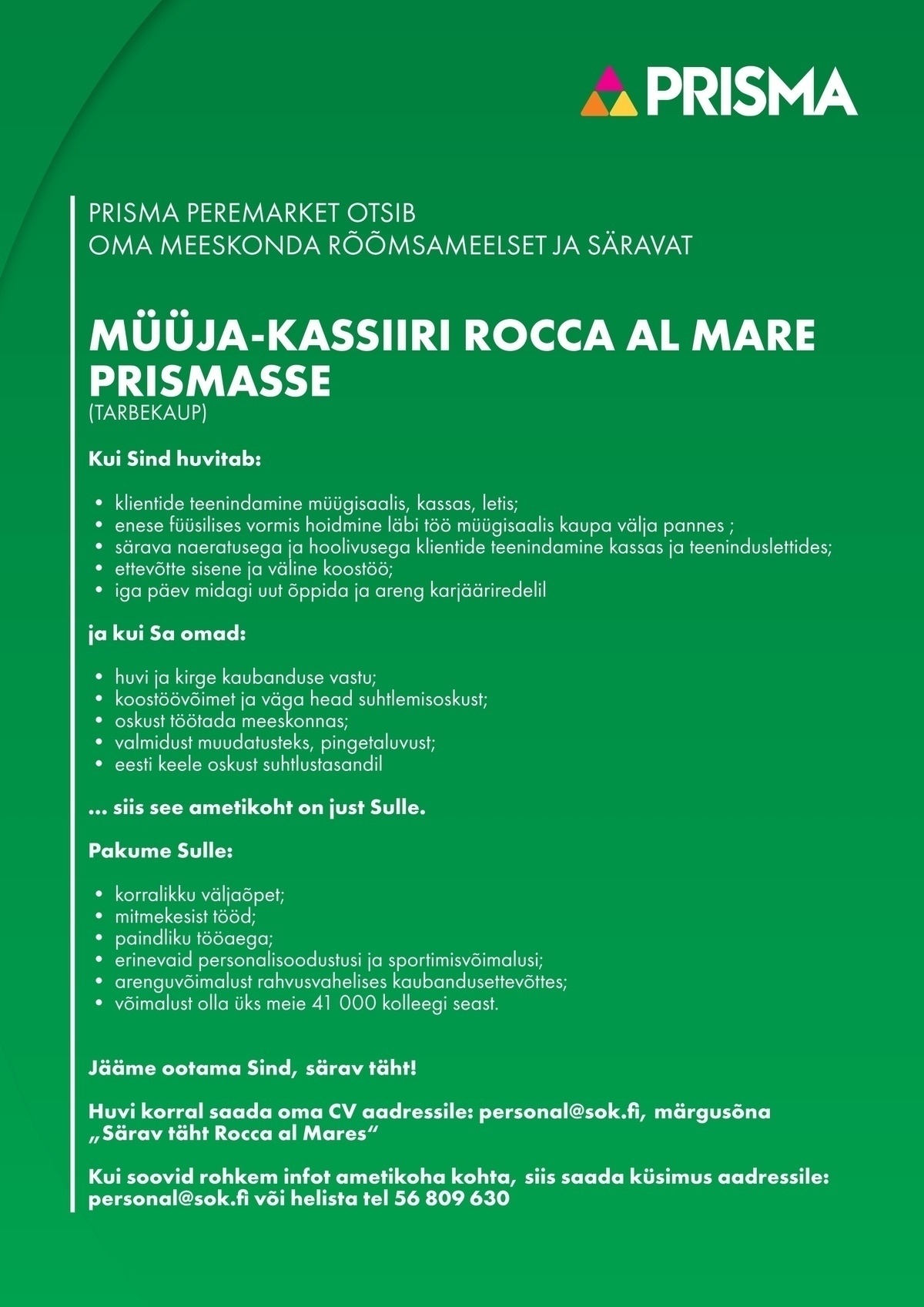 Prisma Peremarket AS Müüja-kassiir tarbekauba osakonnas Rocca al Mare Prismas