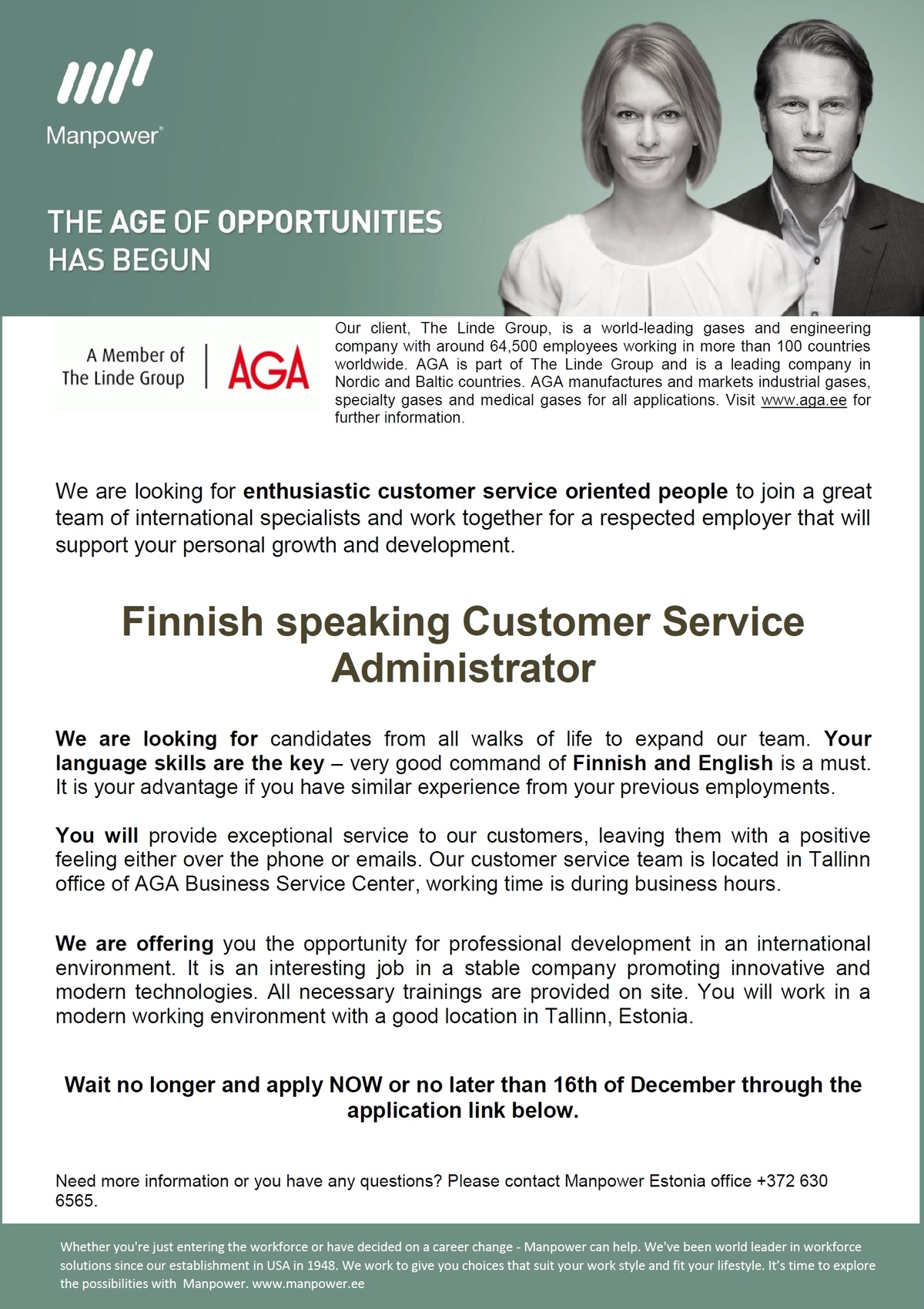 Manpower OÜ Finnish speaking Customer Service Administrator