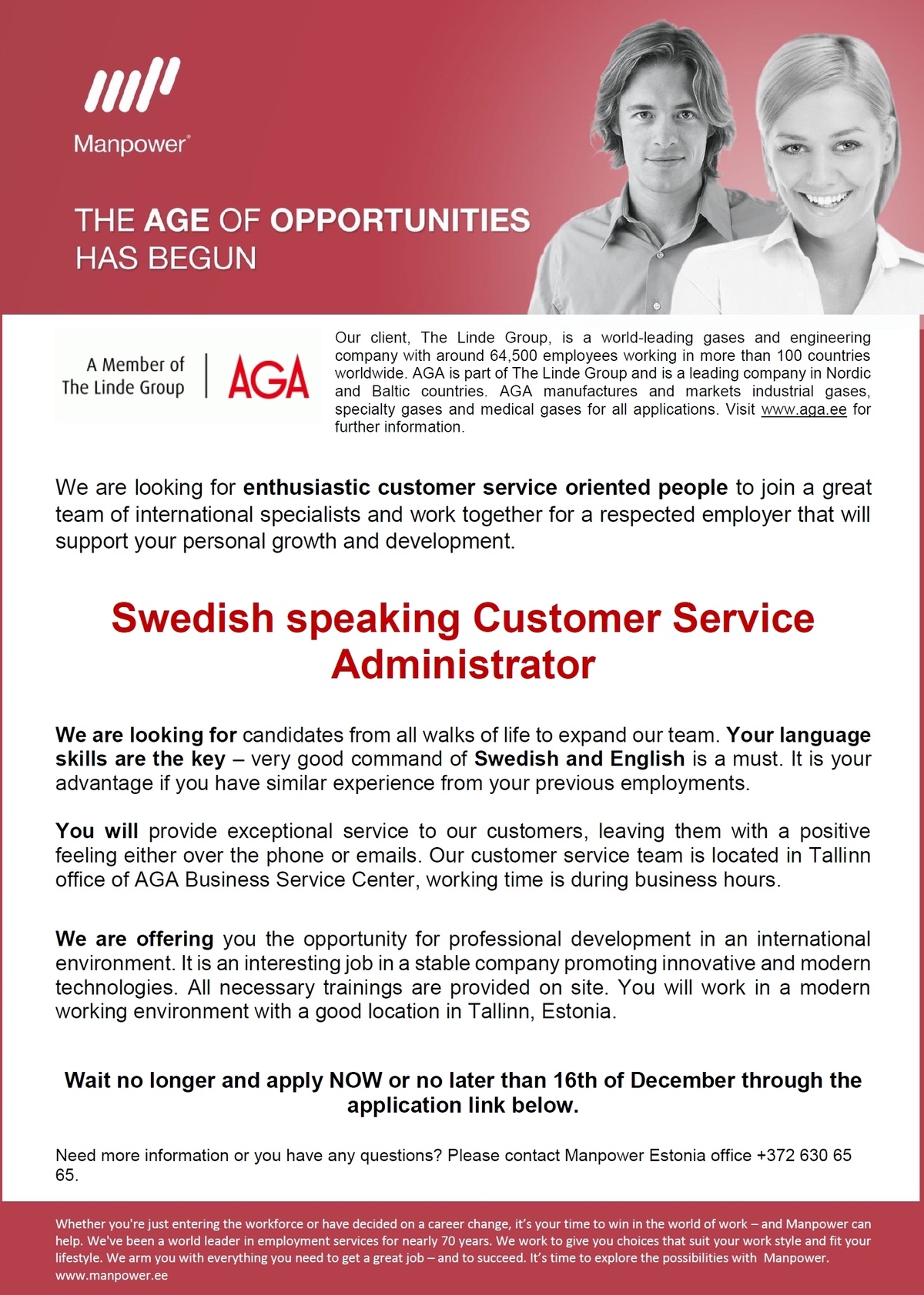 Manpower OÜ Swedish speaking Customer Service Administrator