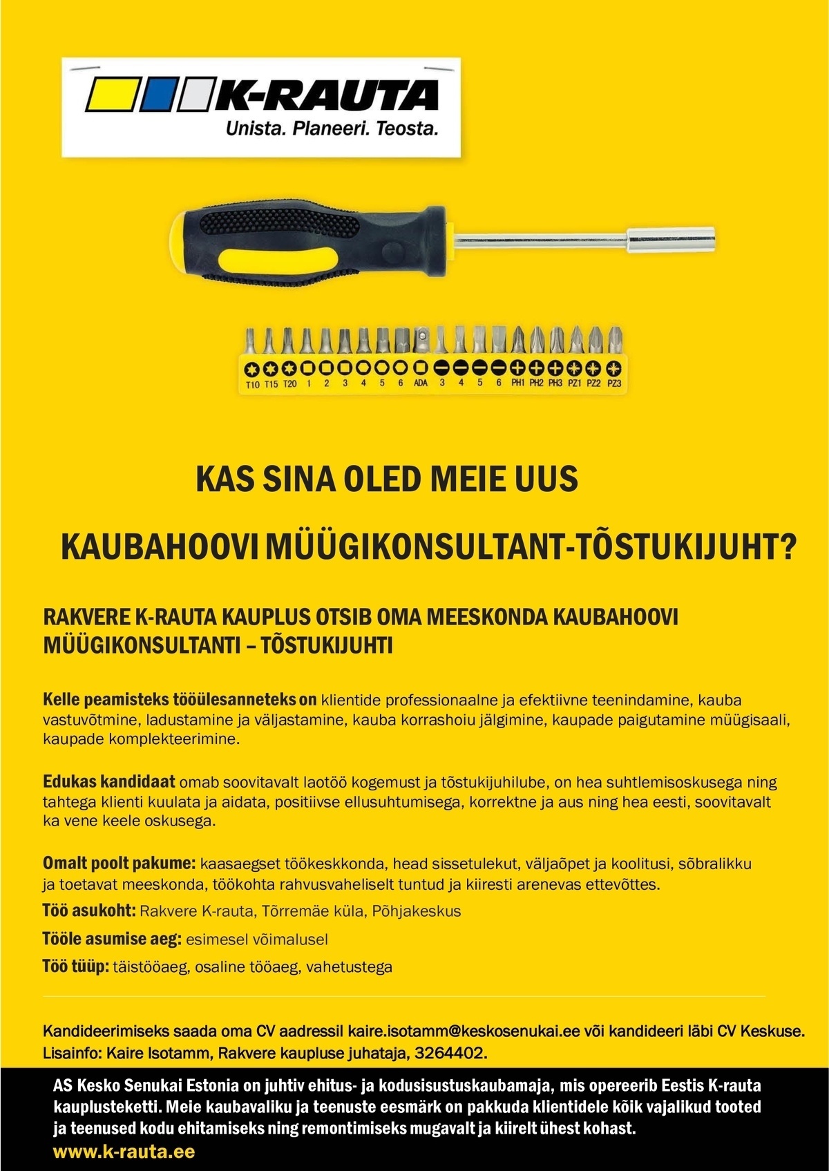 AS Kesko Senukai Estonia Kaubahoovi müügikonsultant Rakvere K-rauta kauplusesse