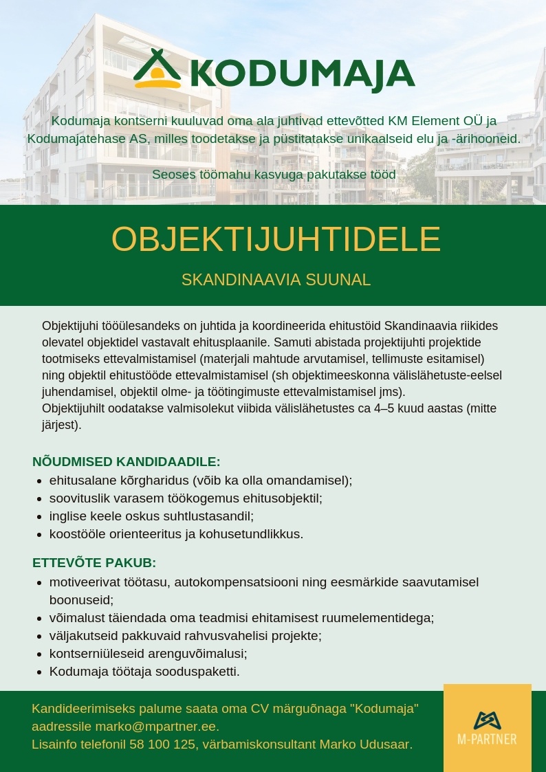 M-Partner HR OÜ Objektijuht (Skandinaavia suunal)
