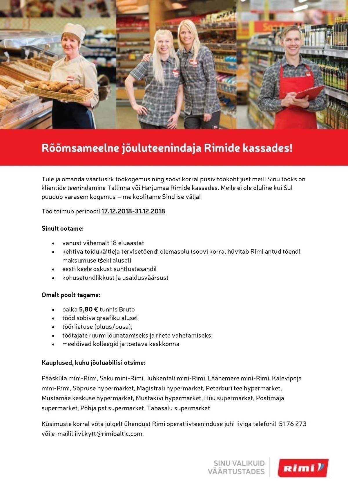 Rimi Eesti Food AS Jõuluteenindaja Tallinna ja Harjumaa Rimi kauplustes!