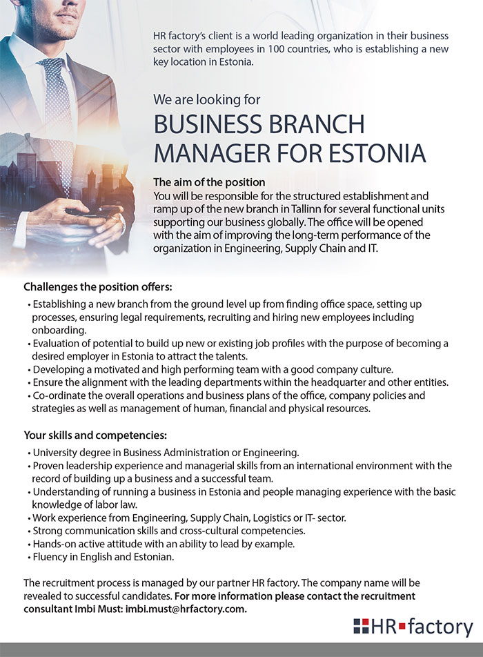 HR factory OÜ klient Business Branch Manager for Estonia