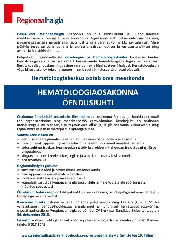 Põhja-Eesti Regionaalhaigla SA Hematoloogiaosakonna õendusjuht