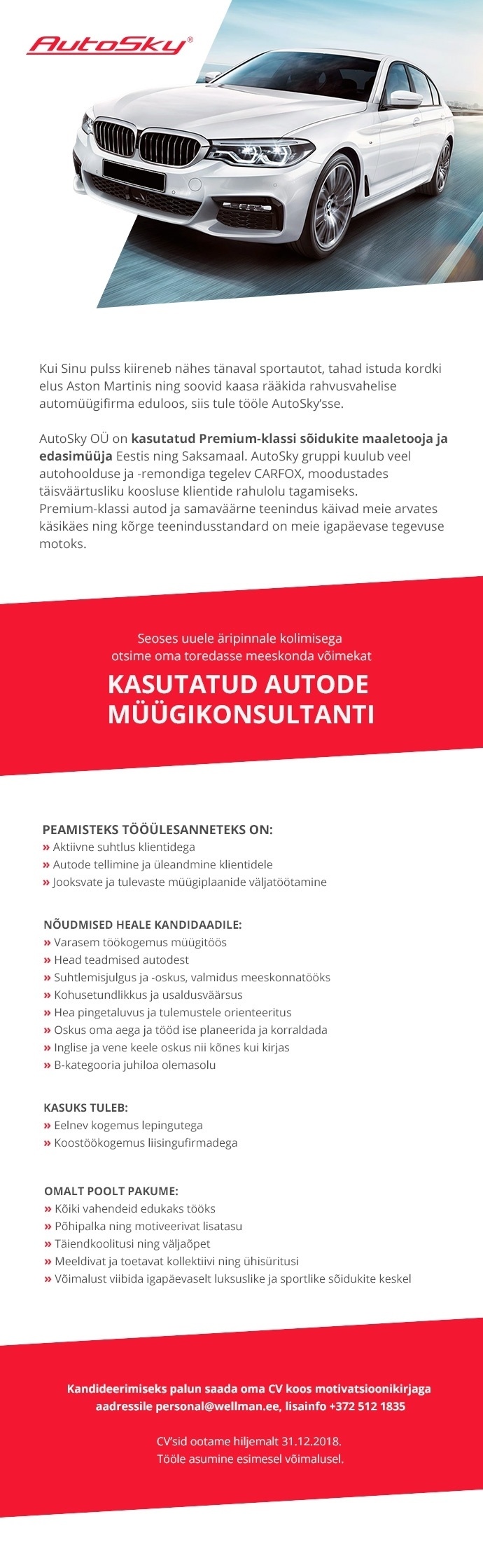 AutoSky OÜ Kasutatud autode müügikonsultant