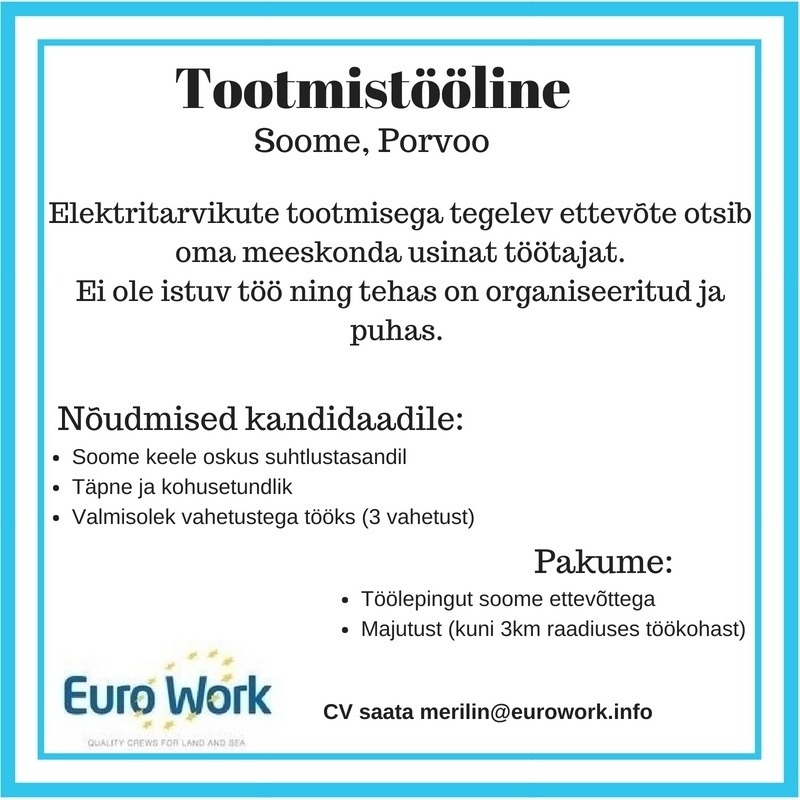 EURO WORK OÜ Tootmistööline - Soome