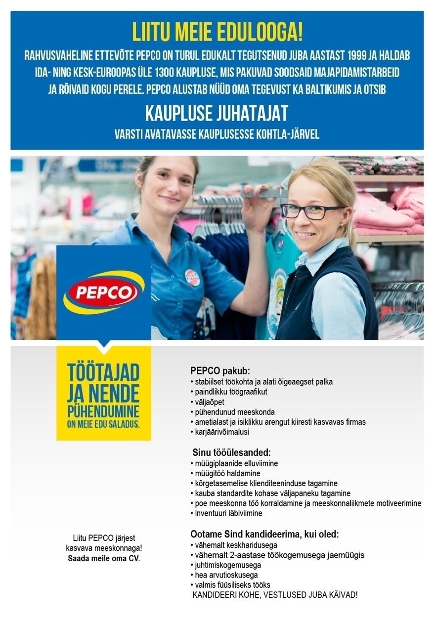 Pepco Estonia OÜ Kaupluse juhataja
