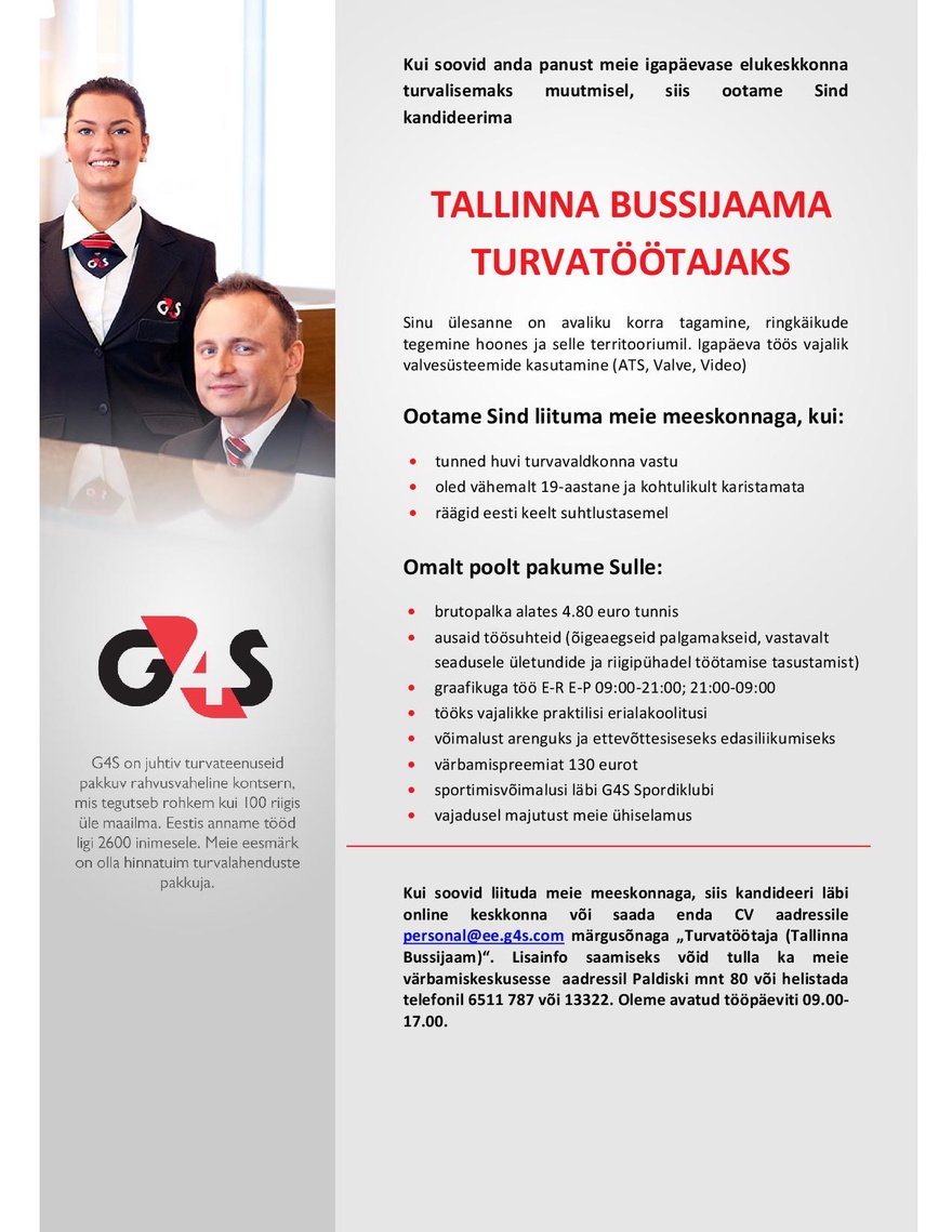 AS G4S Eesti Turvatöötaja (Tallinna Bussijaam), brutopalk 4.80 eurot tunnis