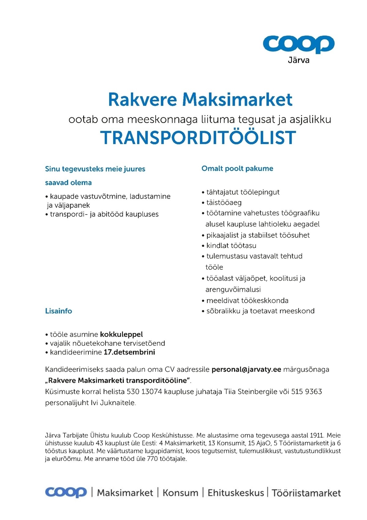 Järva Tarbijate Ühistu TRANSPORDITÖÖLINE (Rakvere Maksimarket)