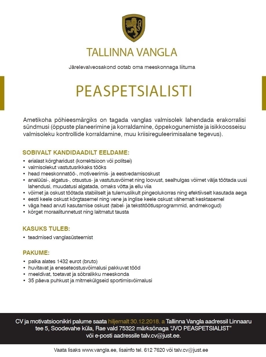 Tallinna Vangla Peaspetsialist