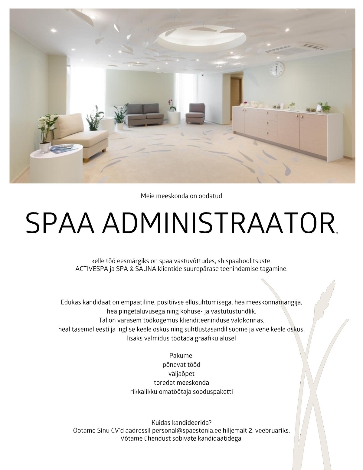 Estonia Spa Hotels AS Spaa vastuvõtuadministraator