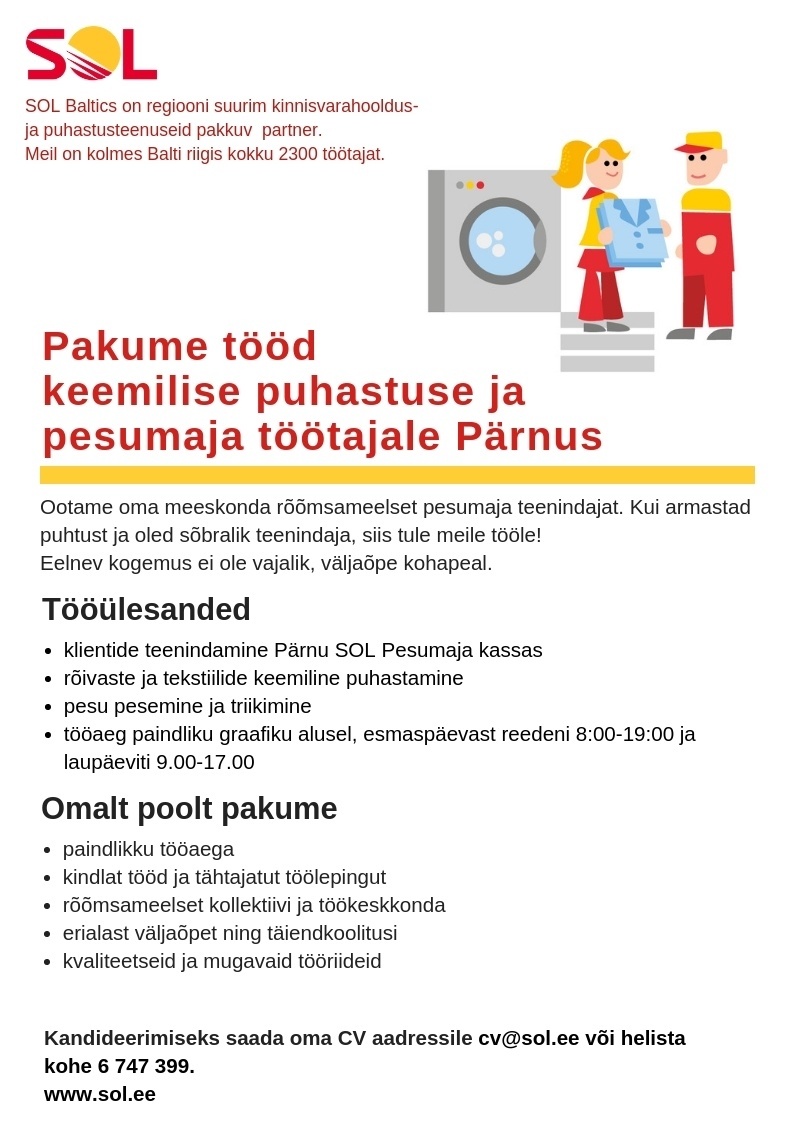SOL Baltics OÜ Keemilise puhastuse ja pesumaja teenindaja (Pärnu)