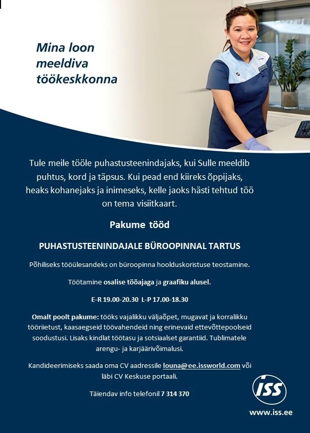 ISS Eesti AS Puhastusteenindaja Tartus büroopinnale.