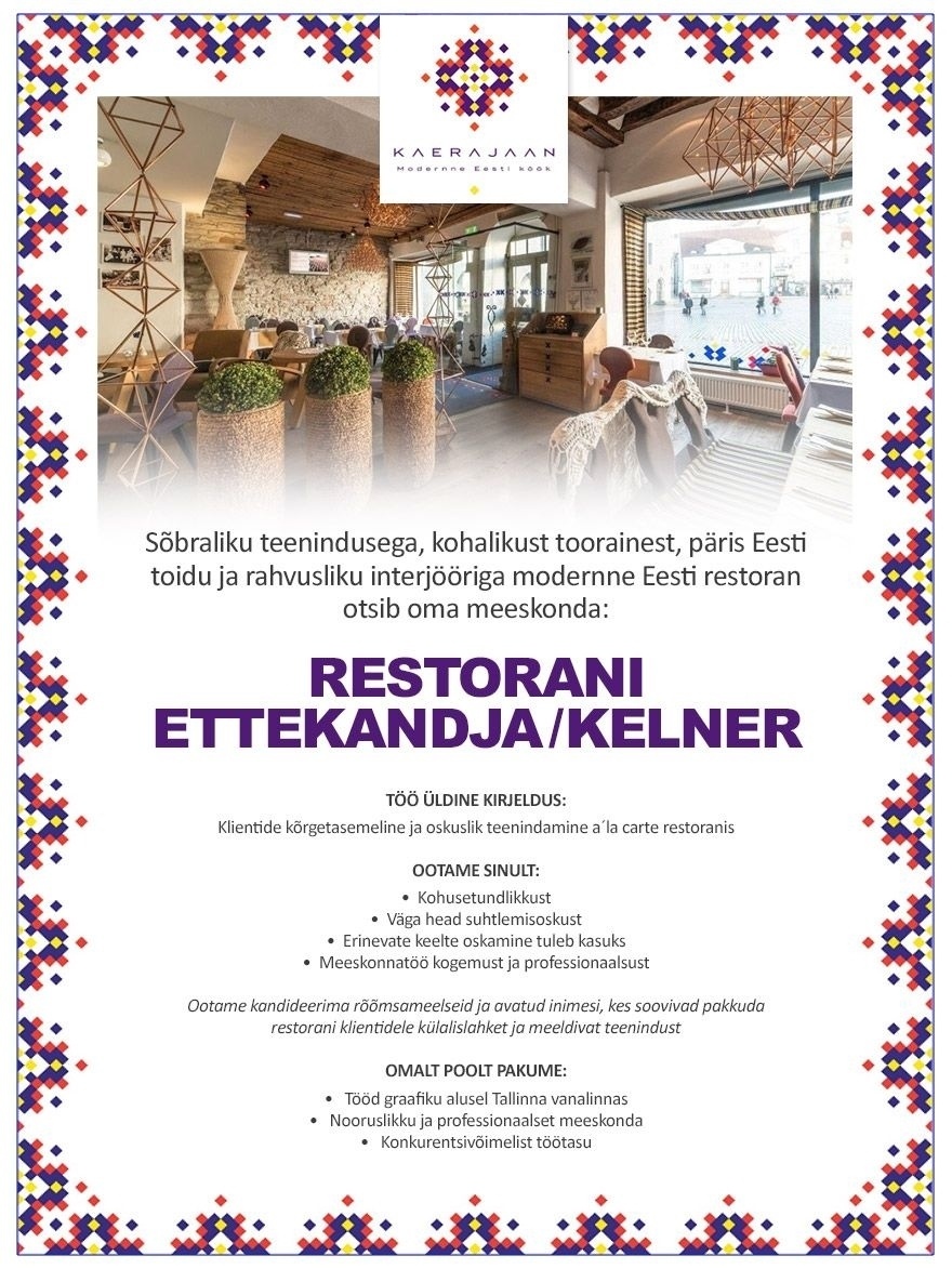 Ultex Haldus OÜ Restorani ettekandja/ kelner