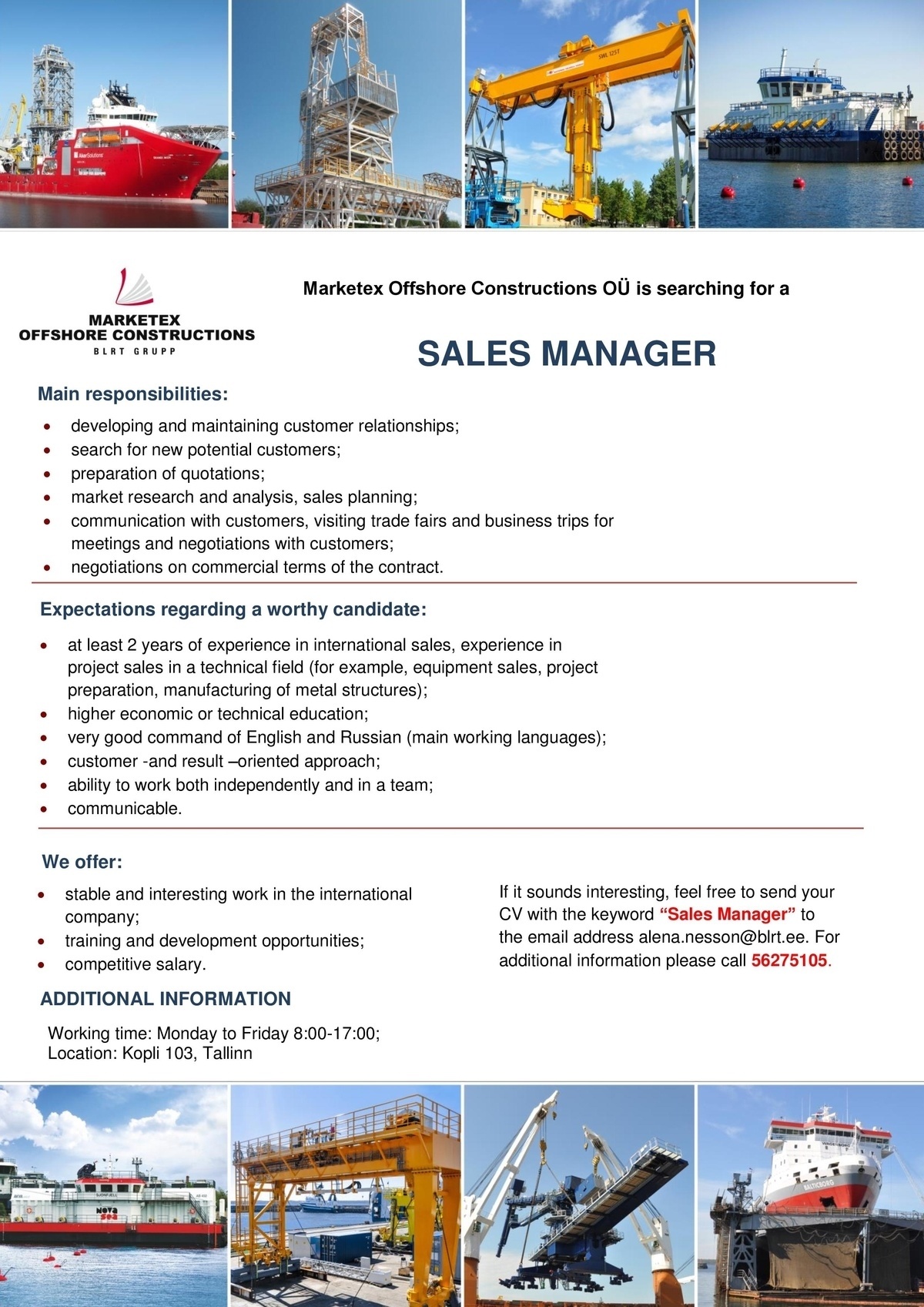 Marketex Offshore Constructions OÜ Sales manager