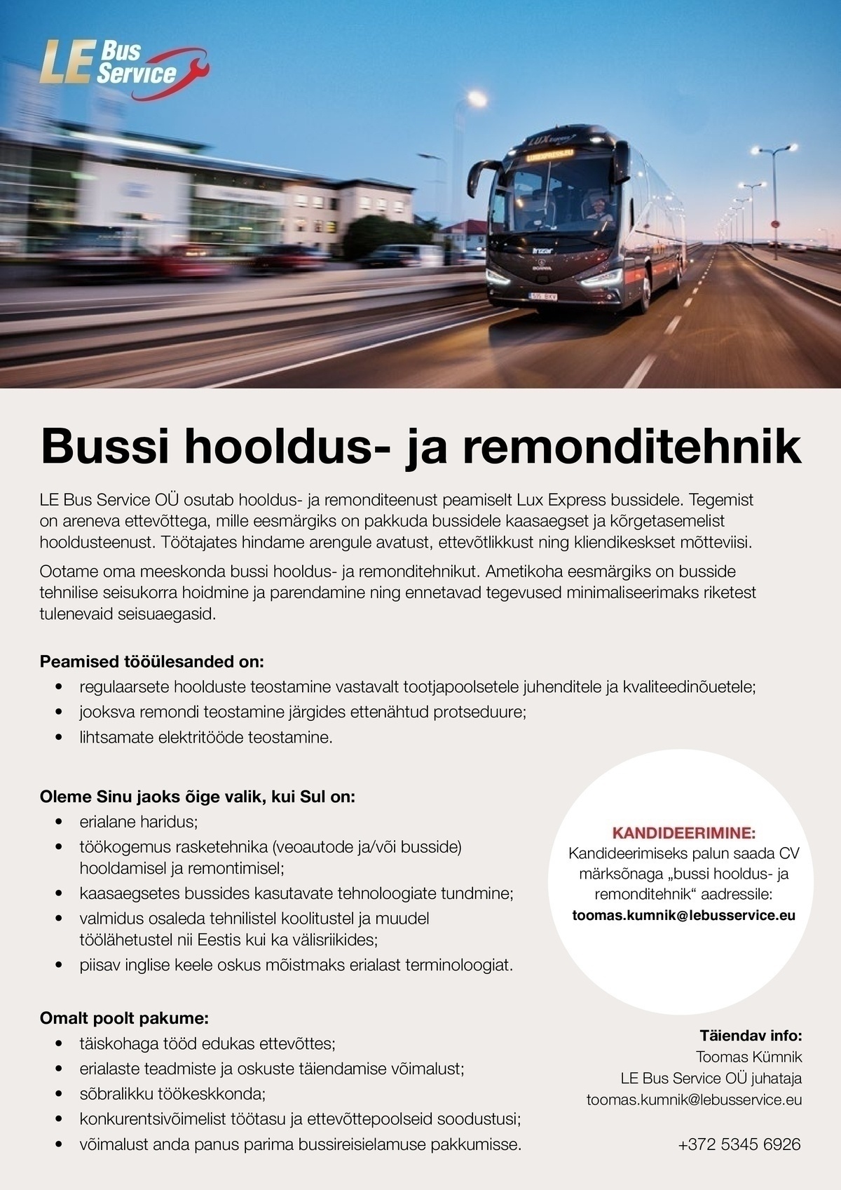 LE Bus Service OÜ Bussi hooldus- ja remonditehnik