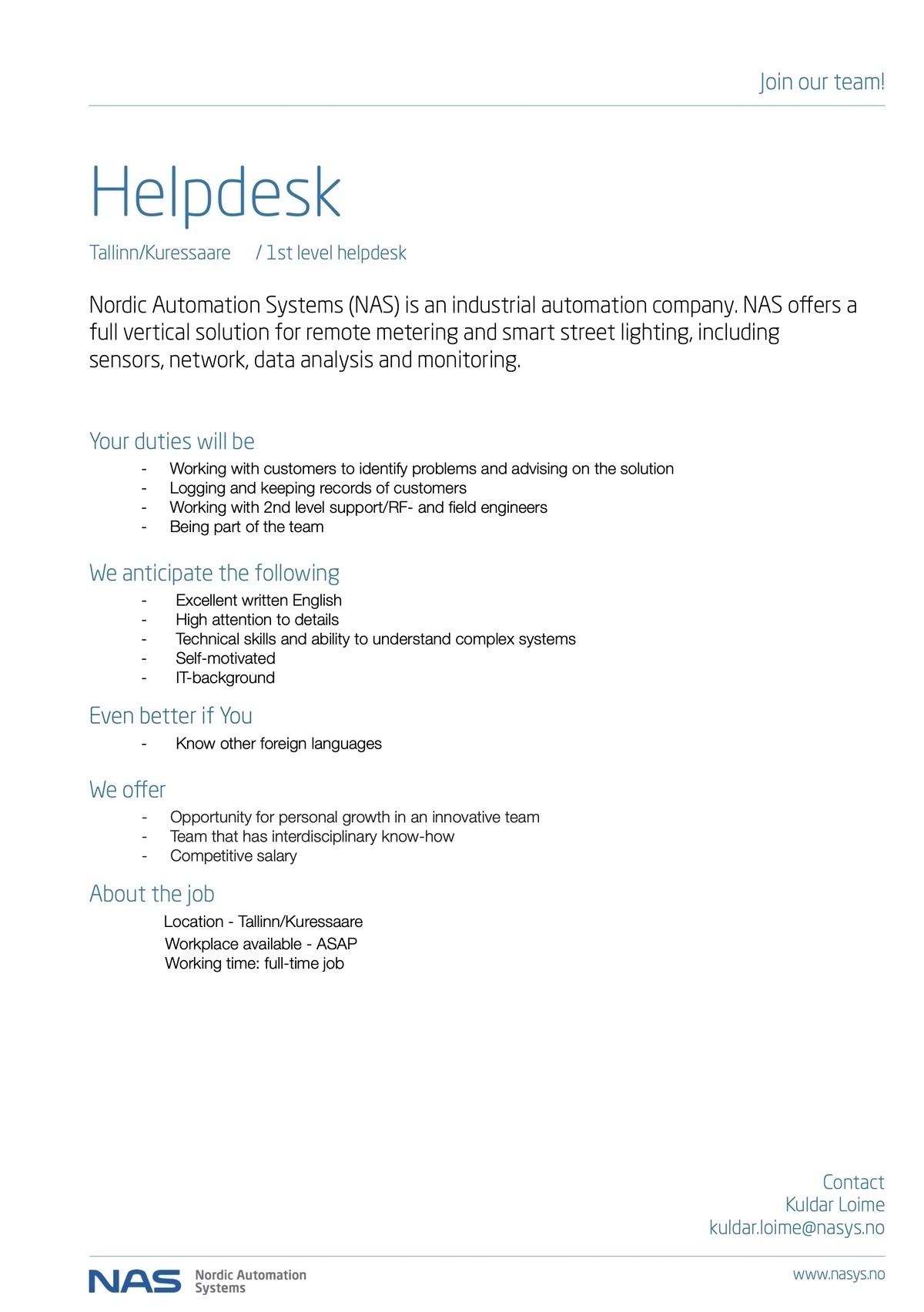 Nordic Automation Systems Helpdesk