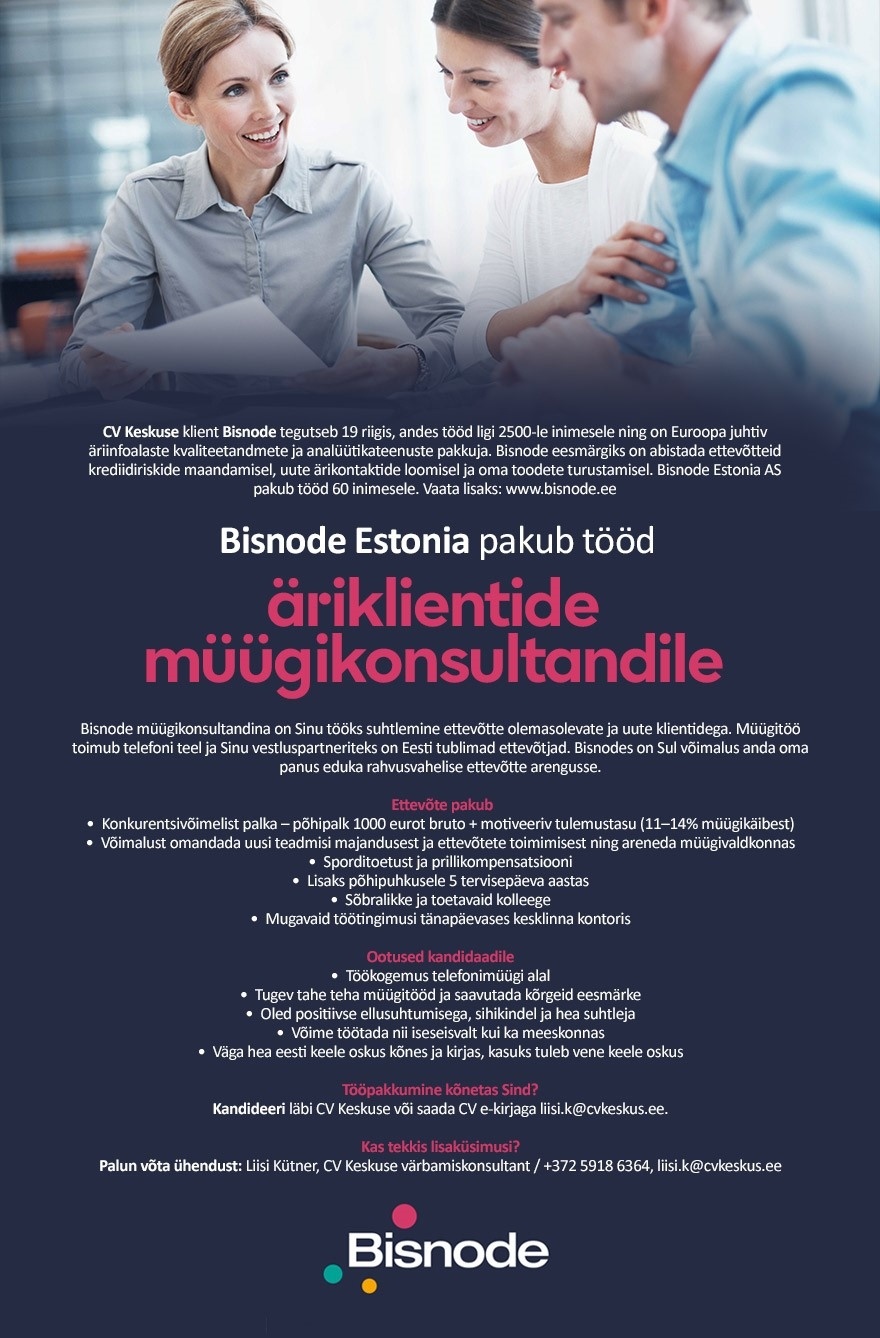 Bisnode Estonia AS Äriklientide müügikonsultant (Bisnode Estonia AS)
