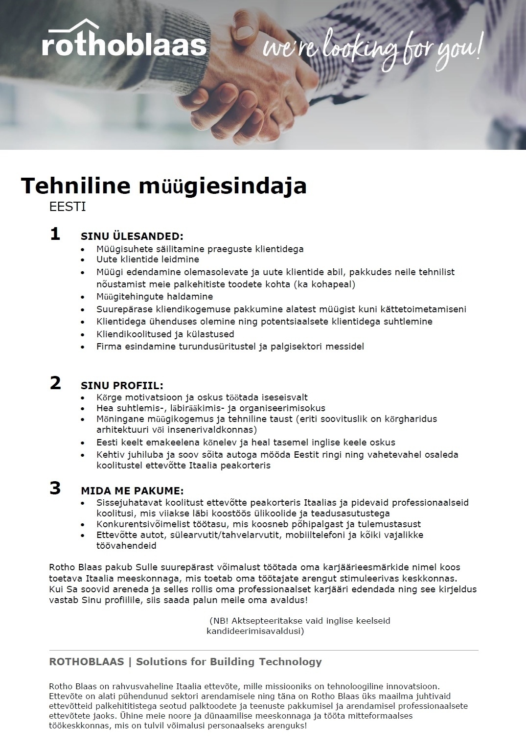 Rotho Blaas Baltic SIA Tehniline müügiesindaja /Technical Sales Representative