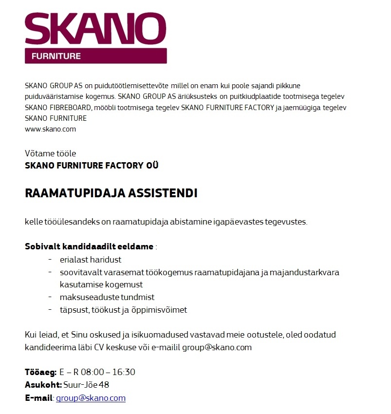 Skano Furniture Factory OÜ Raamatupidamisassistent