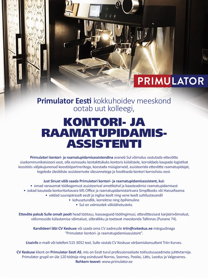 Primulator Eesti AS Kontori- ja raamatupidamisassistent (Primulator Eesti)