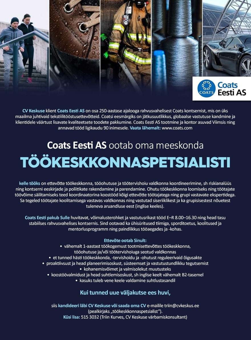 Coats Eesti AS Töökeskkonnaspetsialist (Coats Eesti AS)