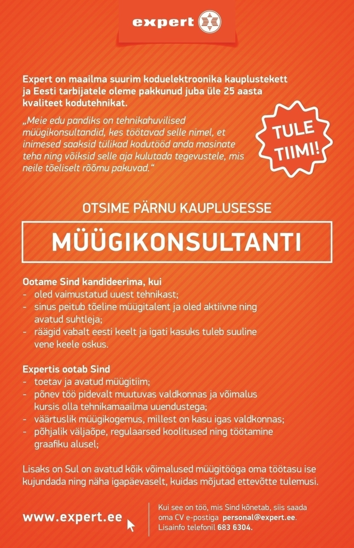 Expert Eesti OÜ Müügikonsultant (Pärnu Kaubamajakas)
