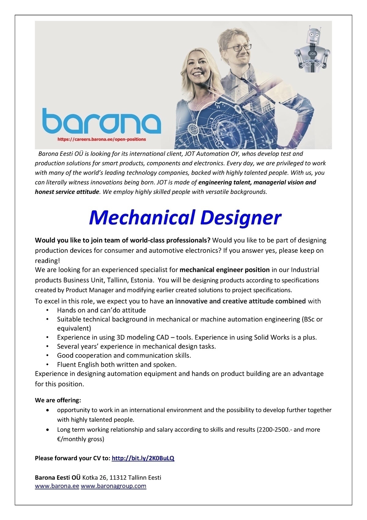 Barona Eesti OÜ Mechanical Designer/Engineer