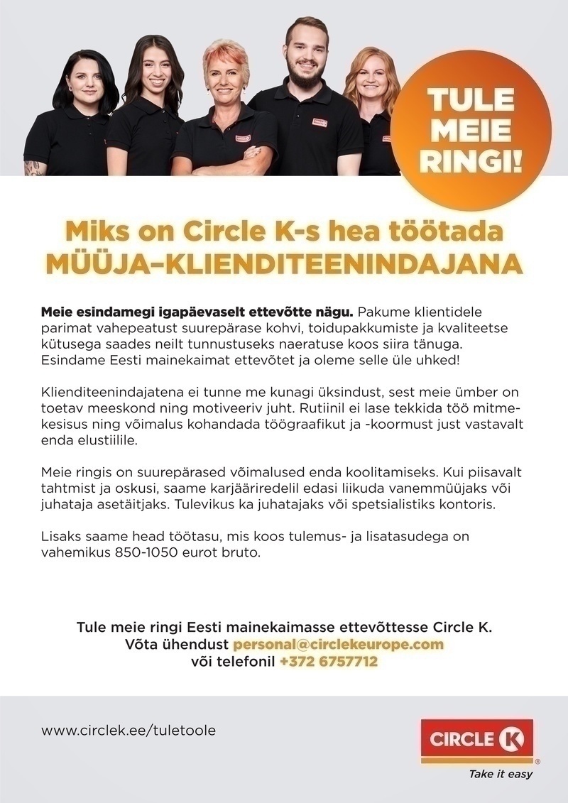 Circle K Eesti AS Müüja-klienditeenindaja Ülemiste piirkonna teenindusjaamadesse