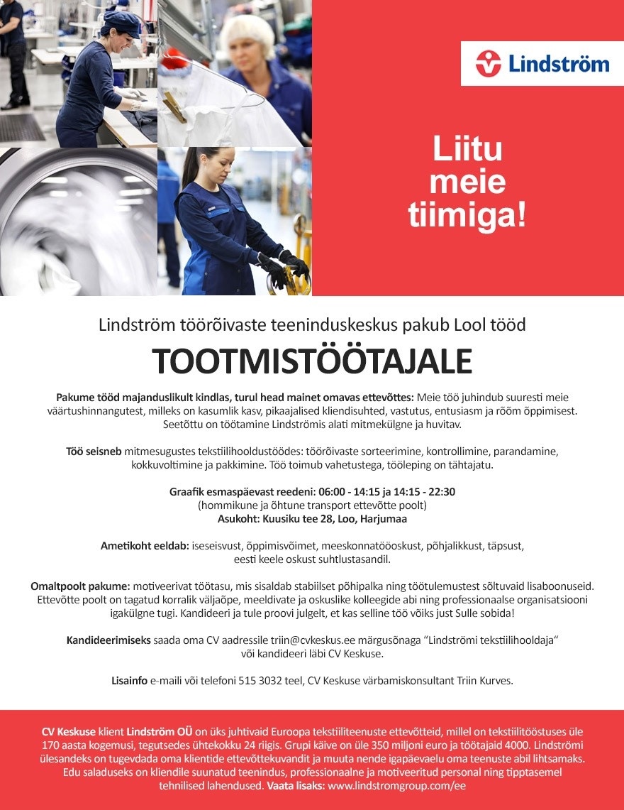 Lindström OÜ Lindström pakub tööd tootmistöölisele (Loo)