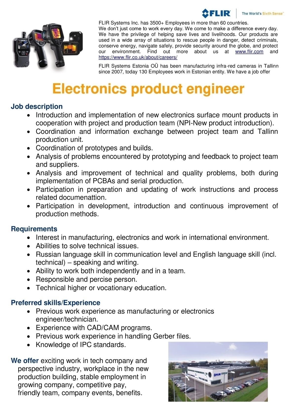 FLIR Systems Estonia OÜ Electronics Product Engineer