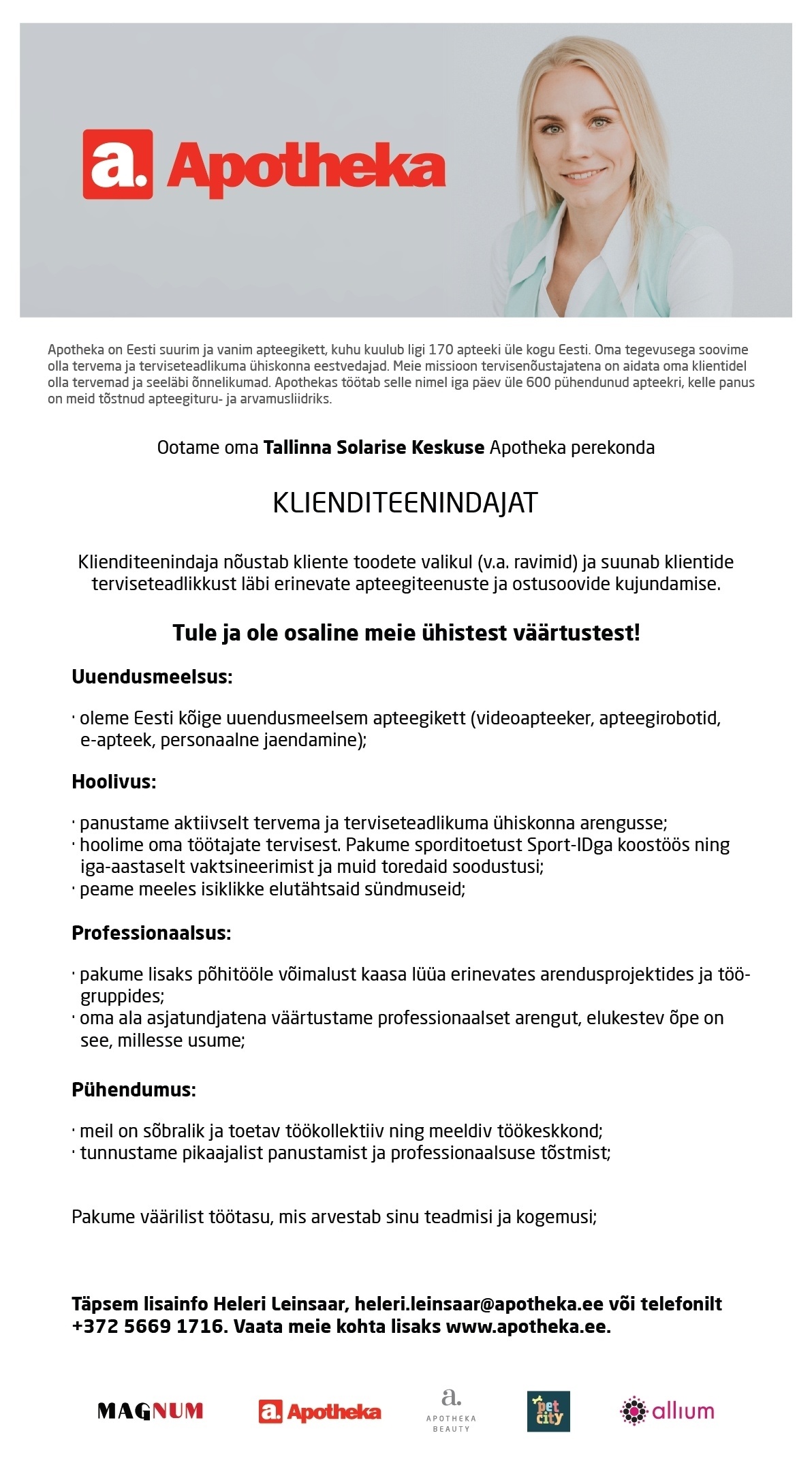 Terve Pere Apteek OÜ Klienditeenindaja Solarise Keskuse Apotheka Apteeki