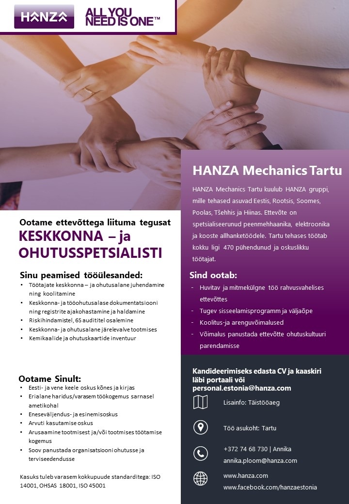 HANZA Mechanics Tartu AS Keskkonna- ja ohutusspetsialist