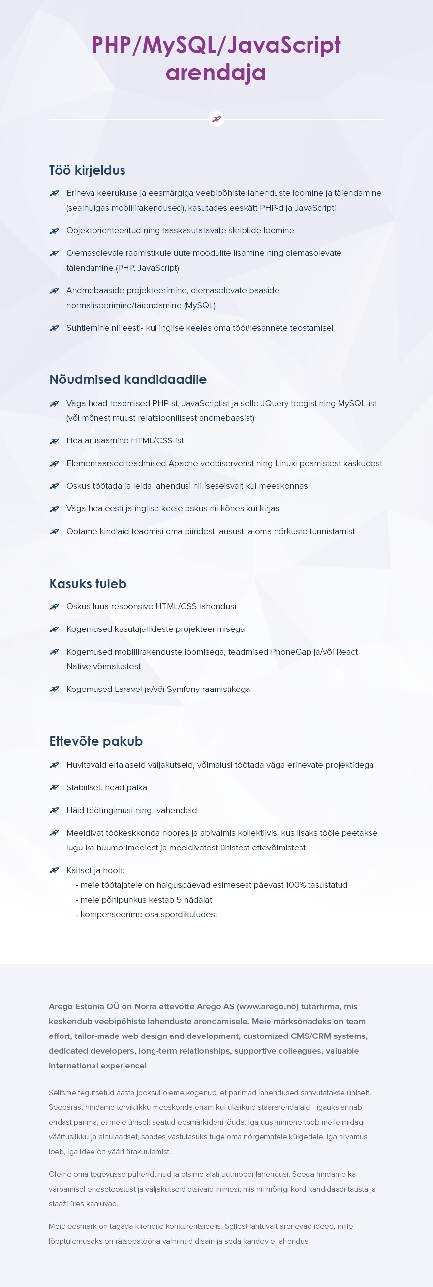 Arego Estonia OÜ PHP/MySQL/JavaScript arendaja