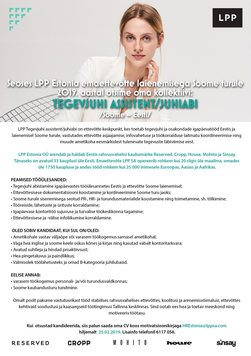 LPP Estonia OÜ Tegevjuhi assistent/ juhiabi /Soome - Eesti/