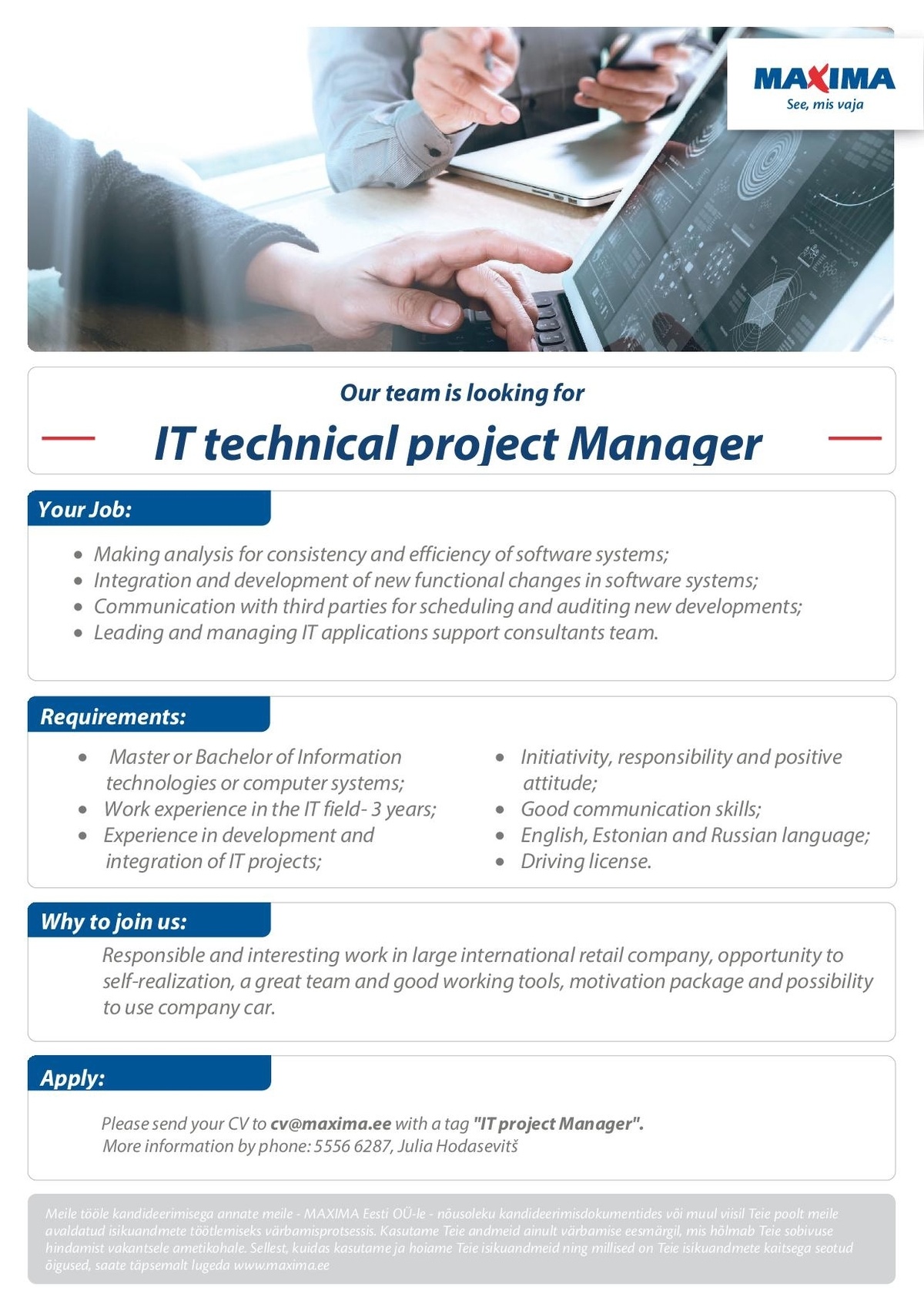 Maxima Eesti OÜ IT technical project Manager