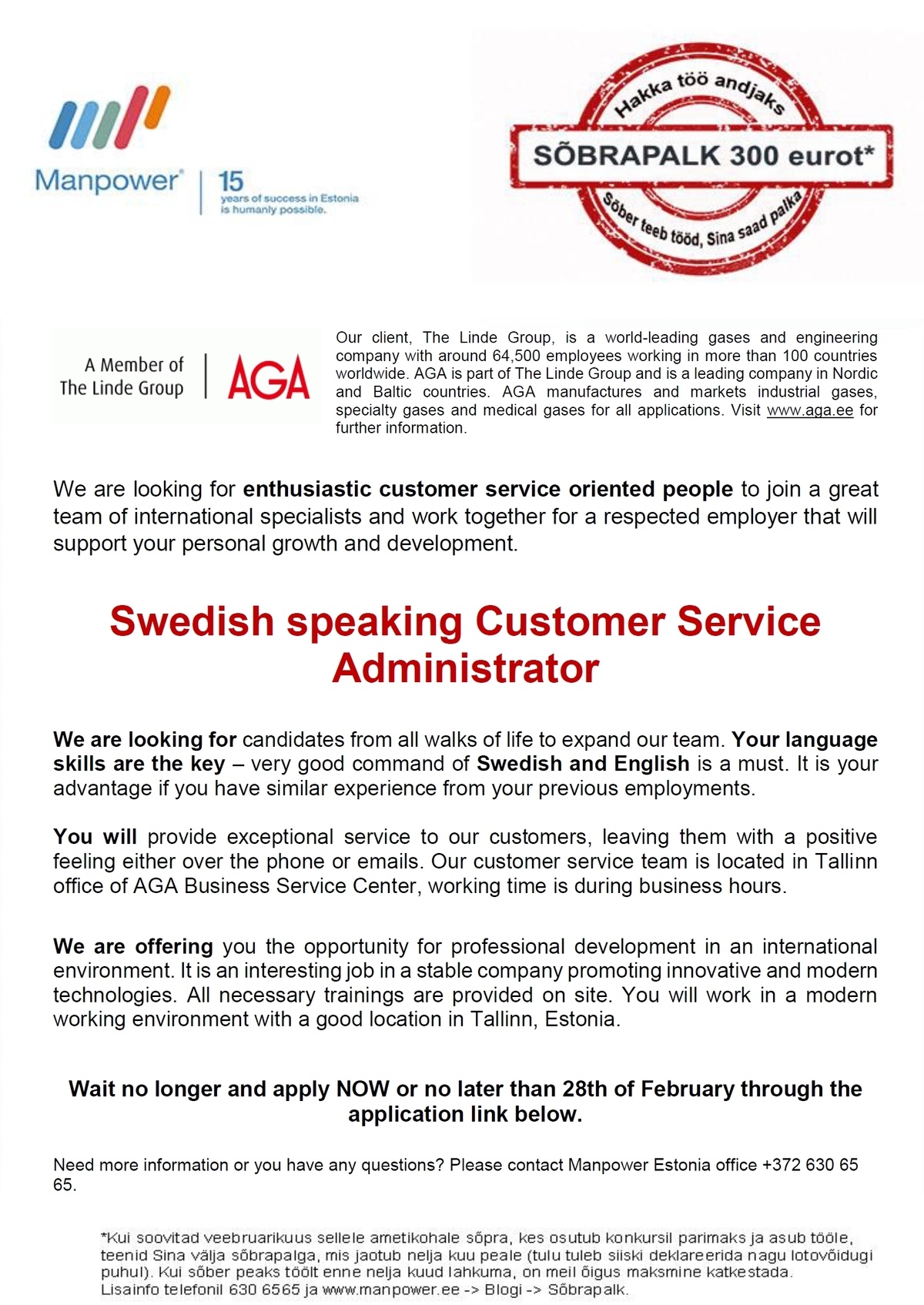 Manpower OÜ Swedish speaking Customer Service Administrator