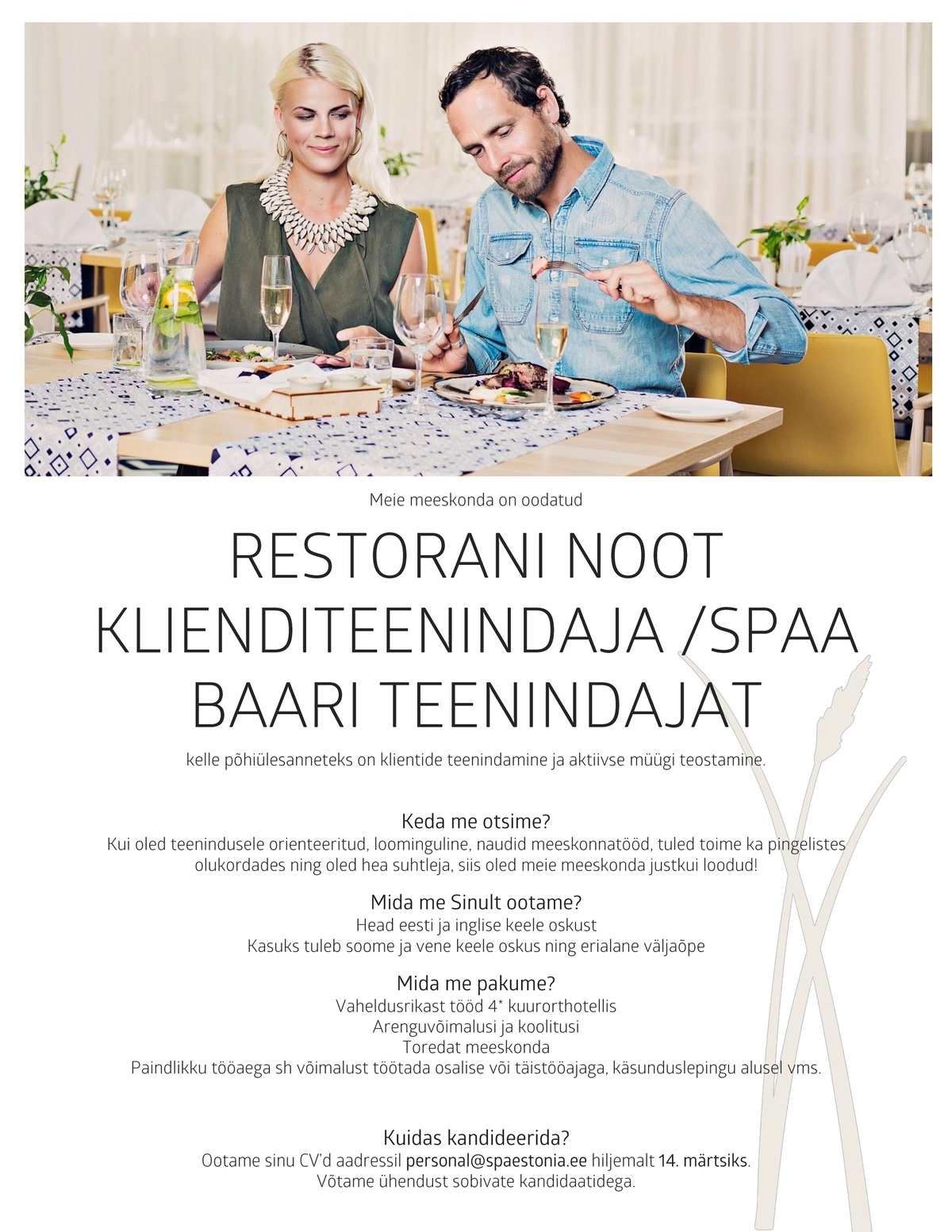 Estonia Spa Hotels AS Restorani NOOT klienditeenindaja / spaabaari teenindaja