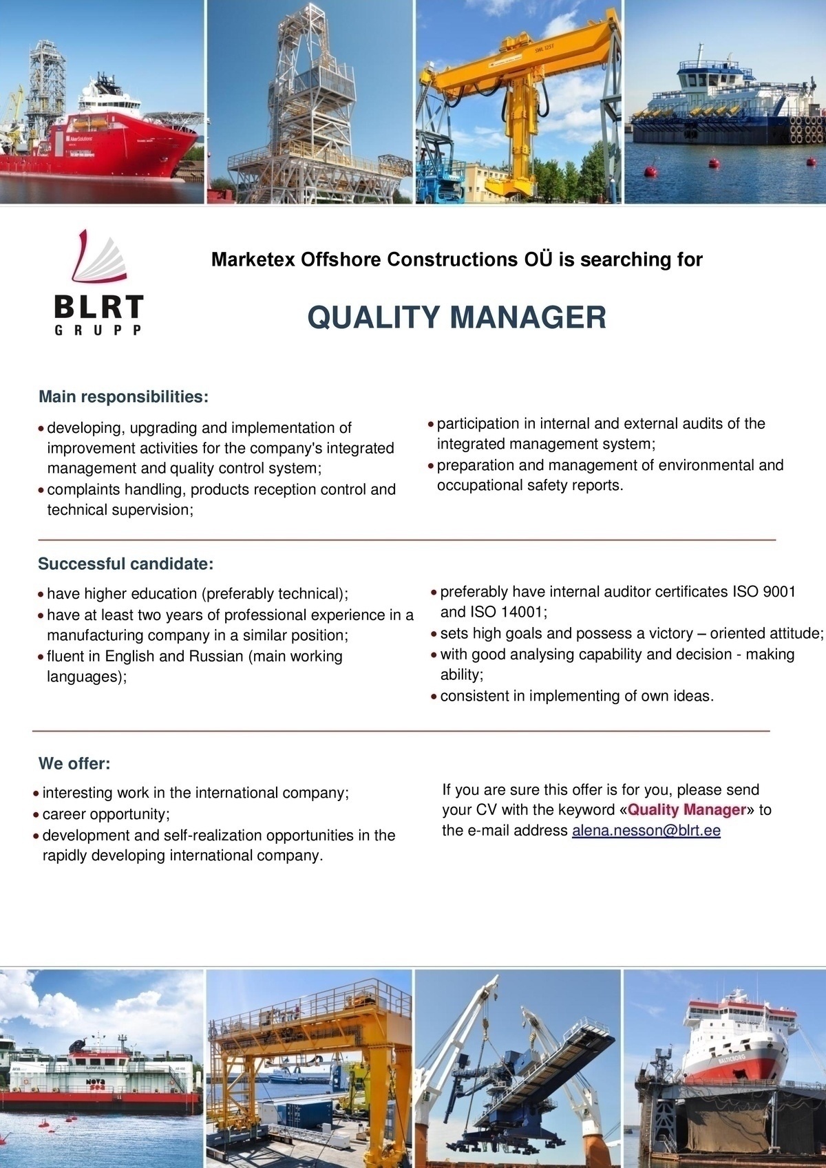 Marketex Offshore Constructions OÜ Quality manager