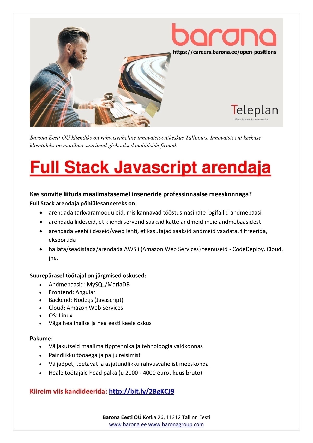 Barona Eesti OÜ Full Stack Javascript arendaja