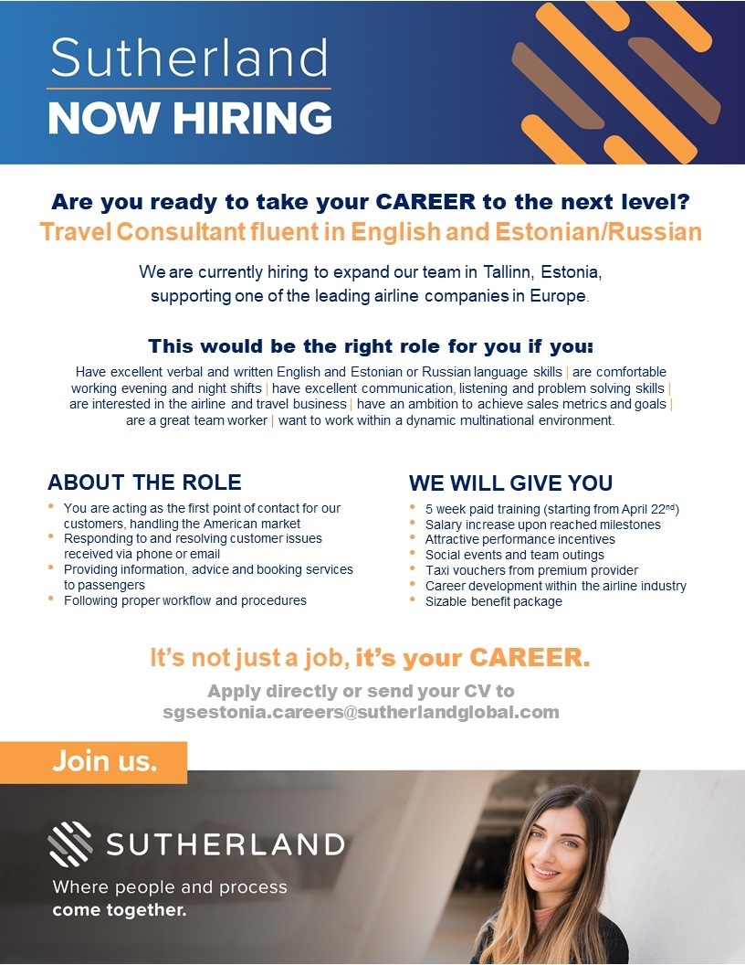 SUTHERLAND GLOBAL SERVICES OÜ Consulting Travel Specialists fluent in English and Estonian/Russian wanted!