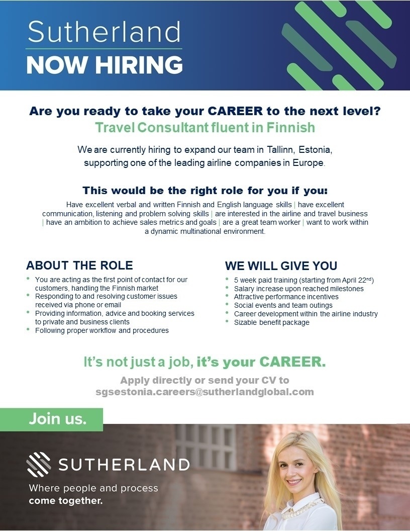 SUTHERLAND GLOBAL SERVICES OÜ Consulting Travel Specialist fluent in FINNISH