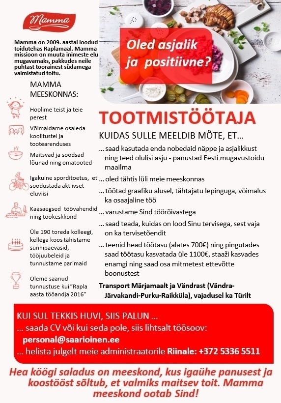 Saarioinen Eesti OÜ Tootmistööline