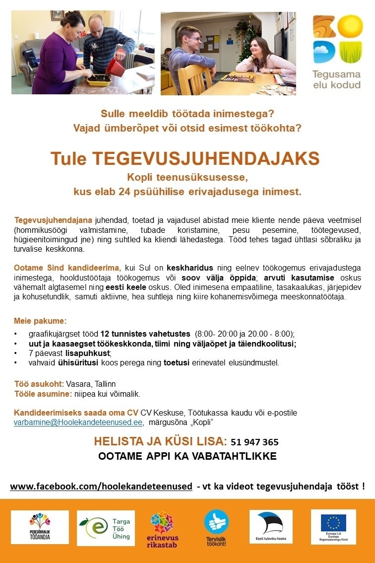 HOOLEKANDETEENUSED AS TEGEVUSJUHENDAJA Kopli üksusesse