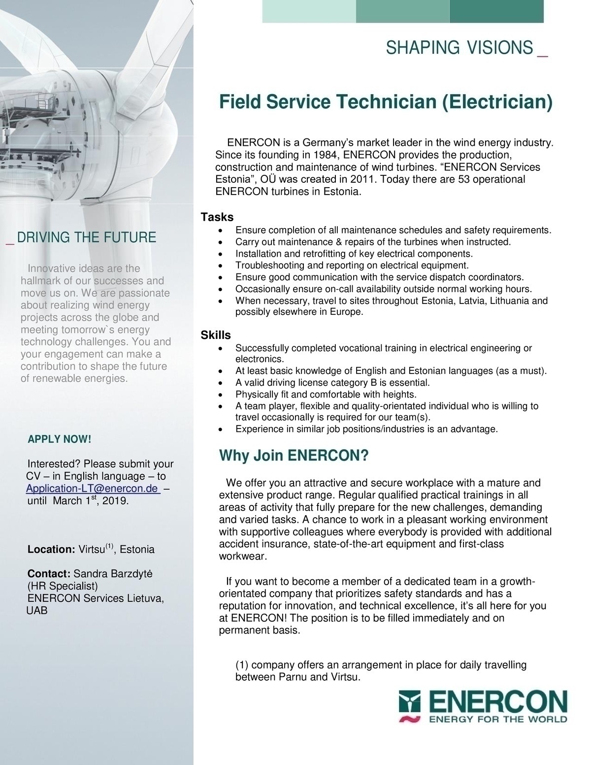 ENERCON SERVICES ESTONIA OÜ Field Service Technician (Electrician) in Virtsu