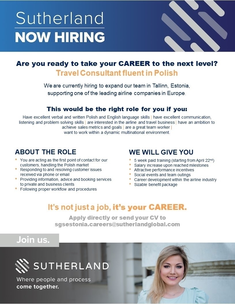 SUTHERLAND GLOBAL SERVICES OÜ Consulting Travel Specialist fluent in POLISH