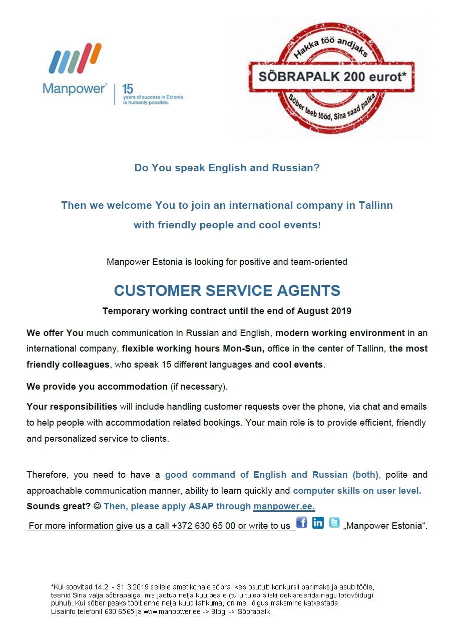 Manpower OÜ Customer Service Agents (Accommodation provided)